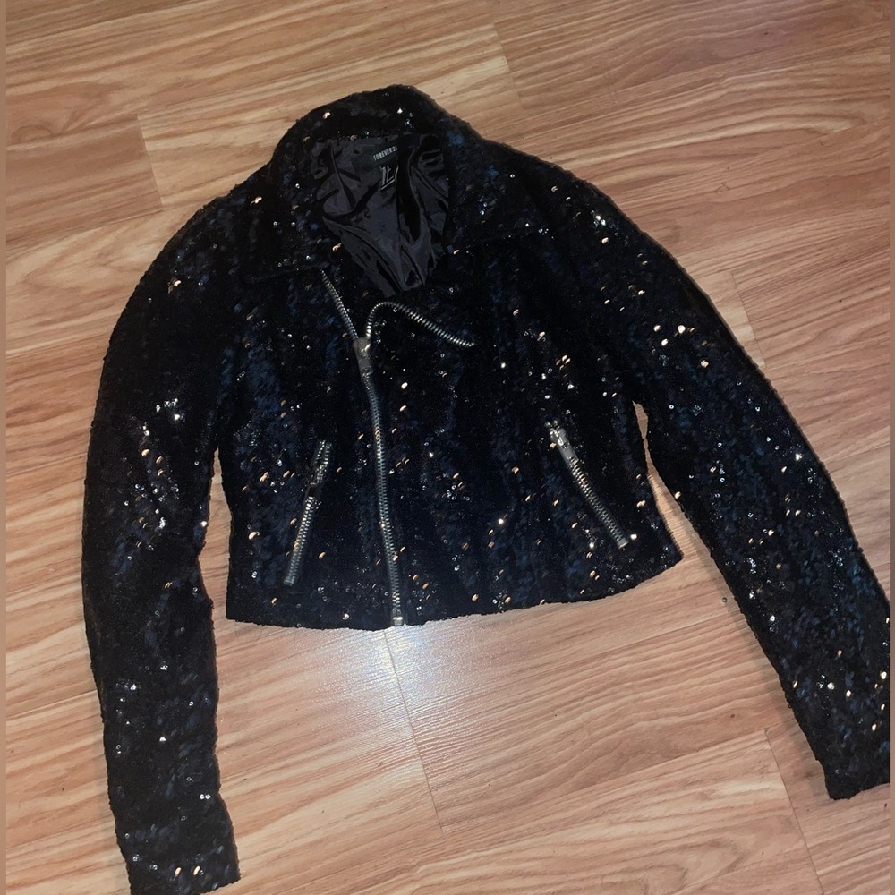 Forever 21 Black Sequin Teddy Jacket